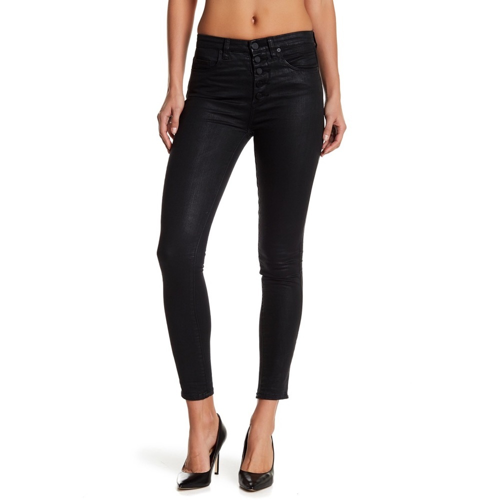 BLANK NYC coated black high rise button up crybaby jeans